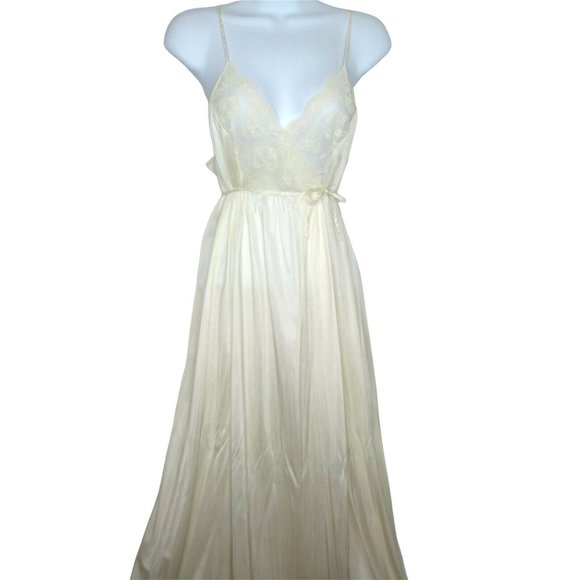 Vintage 70s Full Length Sweeping Nylon Slip Nightgown S White Lace Slit Leg Tie - Picture 2 of 12
